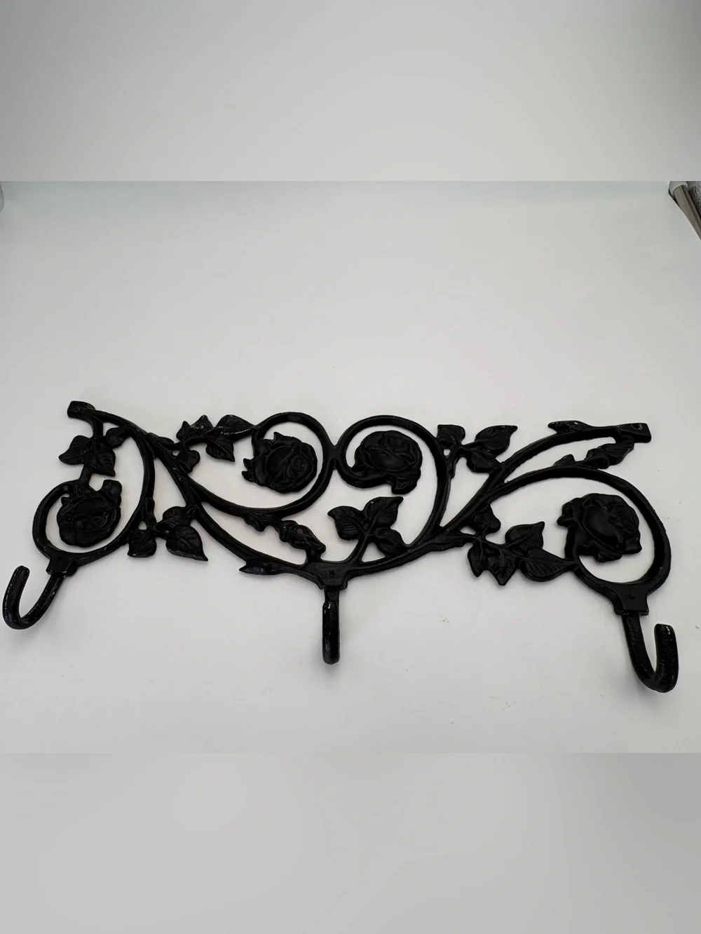 Gorgeous Vintage Black Floral Cast Iron Wall Hook - Decorative with 3 Hooks